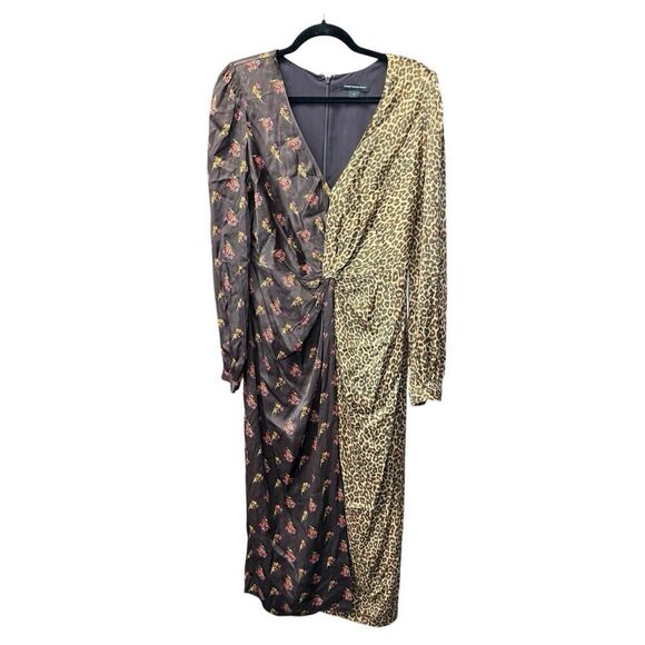 Something Navy Brown Leopard Floral Mixed Print Twist Wrap Dress M - Picture 7 of 14
